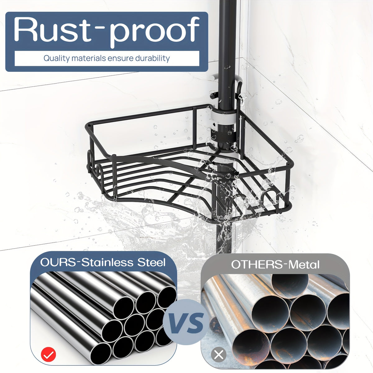 Modovida Heavy-Duty Adjustable Shower Caddy Tension Pole - No-Drill Bathroom Organizer, 4-Tier Tall/Short Shower Shelf (34 to 294.64 cm), Space-Saving Corner Storage Rack for Bathroom, Shower, Bathtub - Rust-Free Stainless Steel Construction, Shower Shel