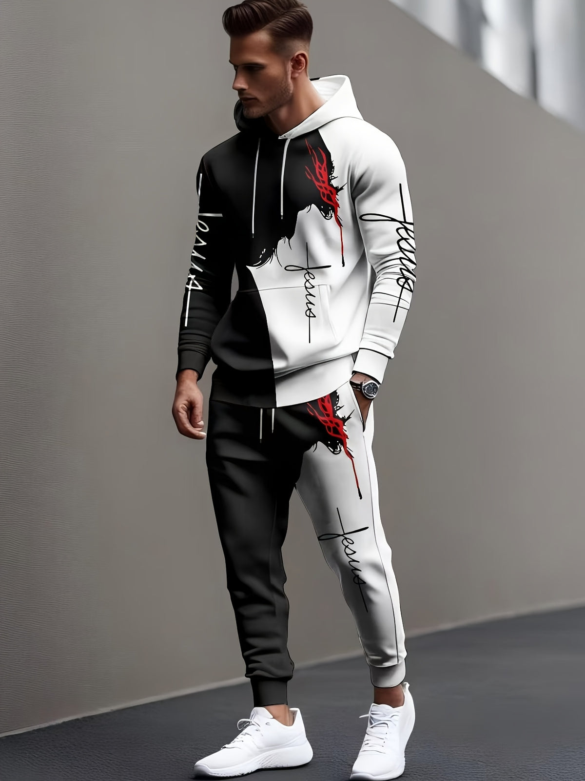 Men's 3D Printed Casual Sportswear Set - Long Sleeve Hoodie & Joggers, Machine Washable, Polyester Blend for Fitness & Training, Hoodie And Jogger Set, Black And White Print