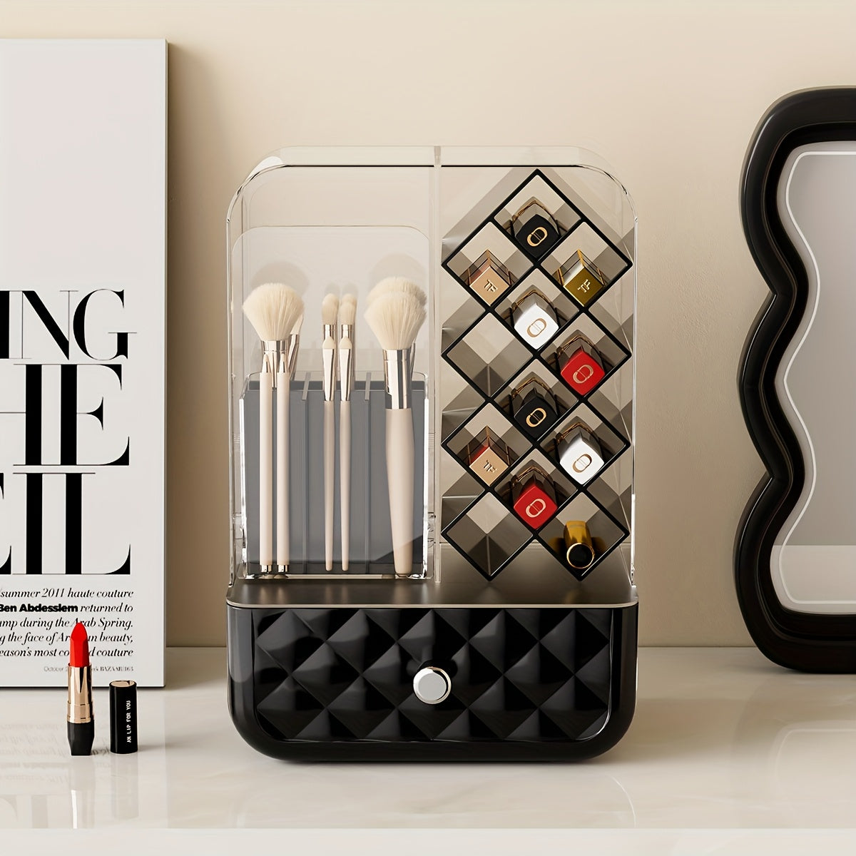 1pc Transparent Flip-Top Makeup Brush & Lipstick Storage Box, Thick Plastic Large Capacity with Drawers, Multi-Functional Cosmetic Organizer for Vanity Table, Makeup Storage Box, Makeup Organizer Storage