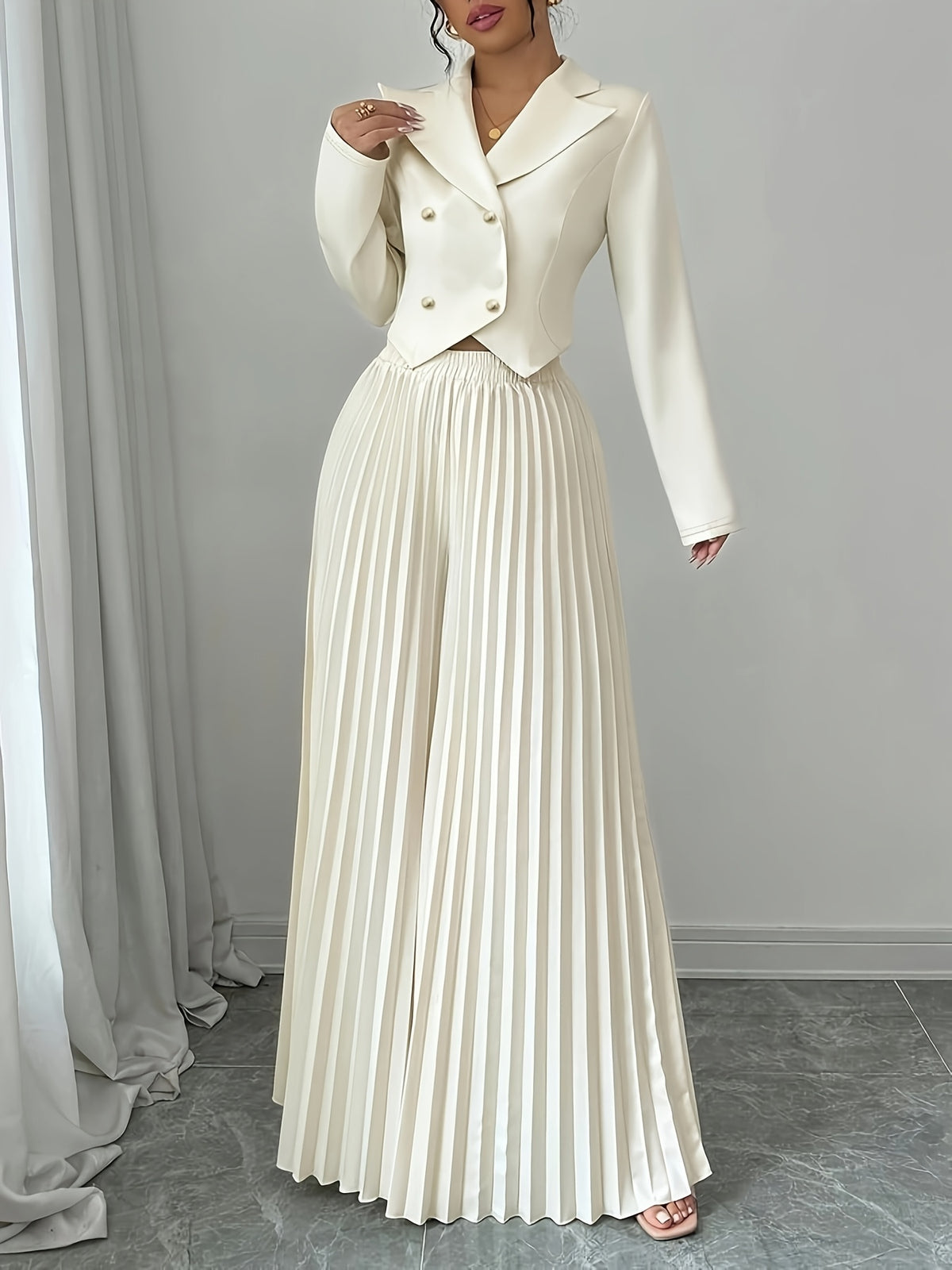 Elegant Women'S Double-Breasted Long-Sleeve Suit Set with Pleated Edges, Perfect for Commuting
