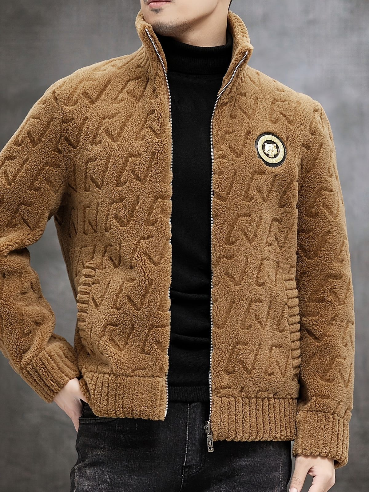 Men's Faux Fur-Lined Jacket - Casual Business Style, Warm Slim Fit, Full-Zip with Stand Collar and Ribbed Cuffs for Fall/Winter, Autumn Outerwear | Stand Collar Jacket | Golden Button Detailing