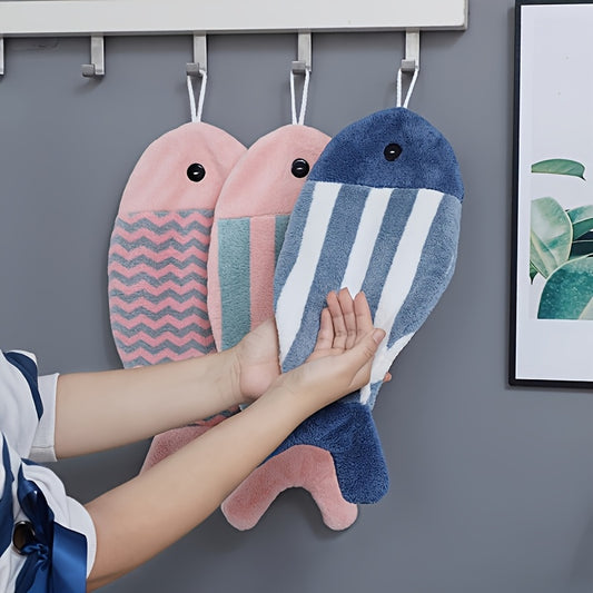 6pcs Cute Cartoon Fish Hanging Hand Towels - Thick Coral Fleece Super Absorbent & Soft, Colorful Striped Bathroom & Kitchen Towels with Hanging Loops, Contemporary Decor for Home, Bathroom Towels, Playful Decor Item, Home Essentials, Soft Fabric, Modern