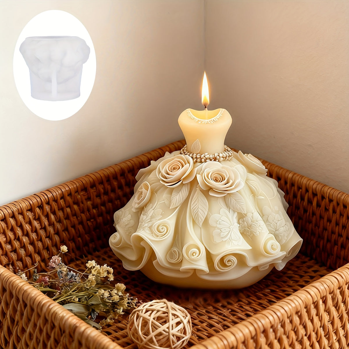 3D Rose Wedding Dress Mold - Reusable Silicone Candle/Resin/Soap/Plaster Molds with Ruffled Train, Layered Petticoat & A-Line Silhouette for DIY Wedding Favors, Anniversary Gifts, Bridal Crafts (Easy Release, Durable)