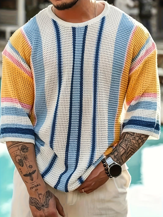 Casual Loose-Fit Men's Striped Drop-Shoulder Short-Sleeve Sweater, Spring/Summer/Autumn Beach Air-Conditioned Outerwear Fashion Sweater