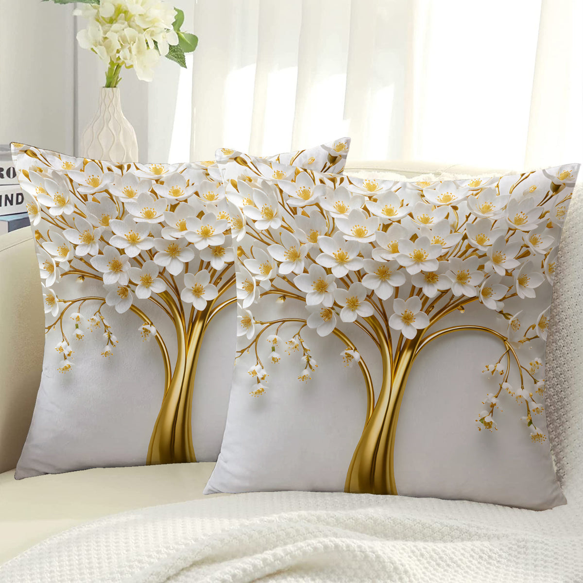 2pcs Elegant Golden Tree Design Throw Pillow Covers, 45.72x45.72 cm, Soft Plush Polyester, Double-Sided Print, Modern Art Style, Zipper Closure, Machine Washable for Living Room & Bedroom Decor - No Insert Included, Decorative Pillows