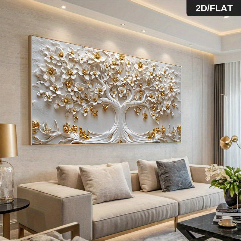 1pc Modern Abstract Golden Blossoms on a White Tree Canvas Wall Art - 70.0x140.0cm, Elegant Home Decor for Living Room or Bedroom, No Frame, Canvas Poster, Modern Wall Art