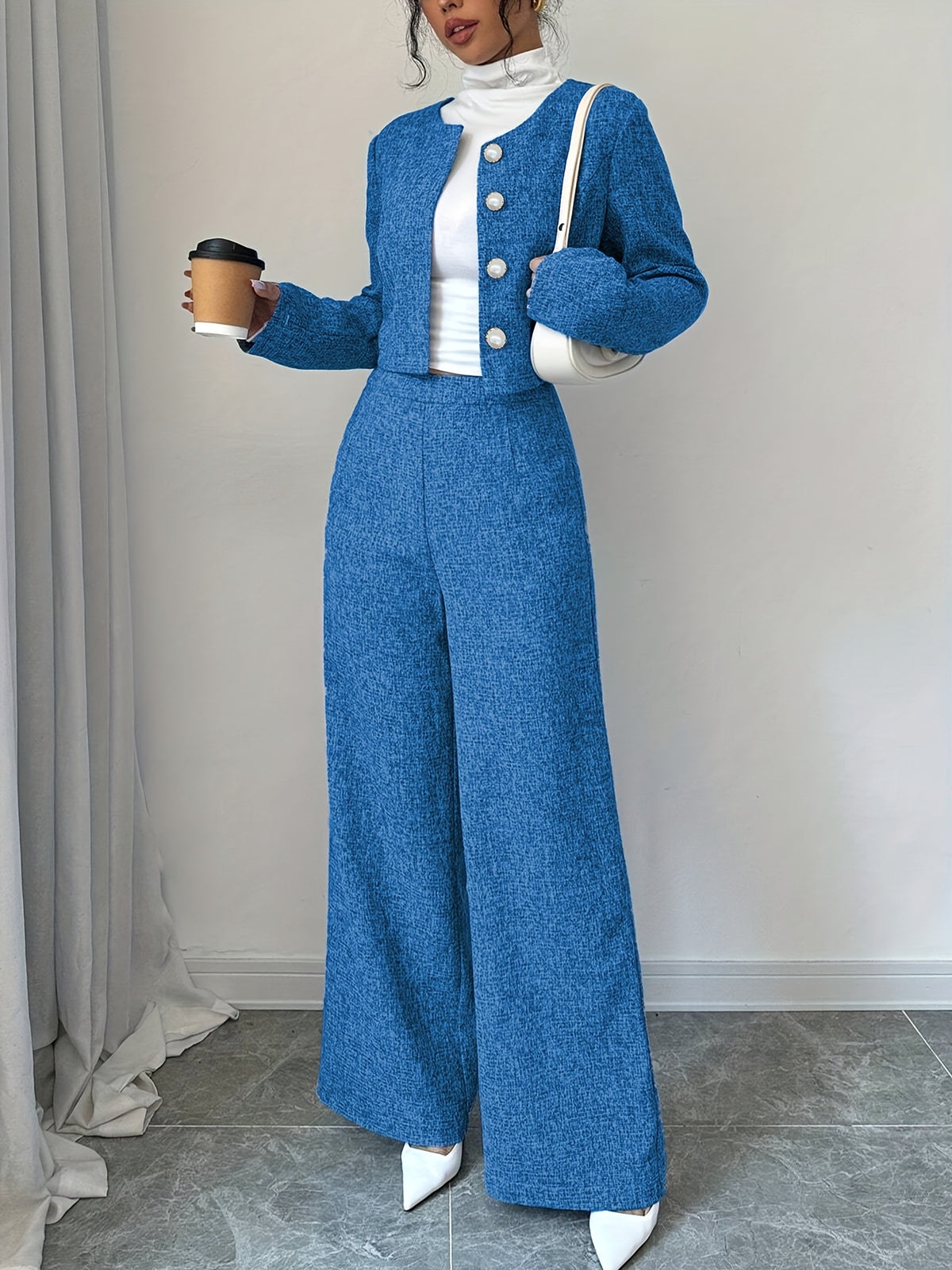 New Arrival Women's Fashion High-End Solid Color Long Sleeve Round Neck Short Coat and Pants Two-Piece Set