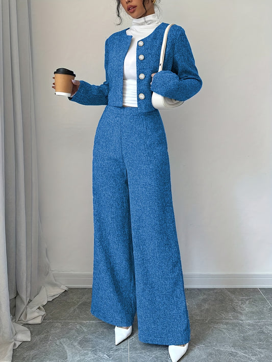 New Arrival Women's Fashion High-End Solid Color Long Sleeve Round Neck Short Coat and Pants Two-Piece Set