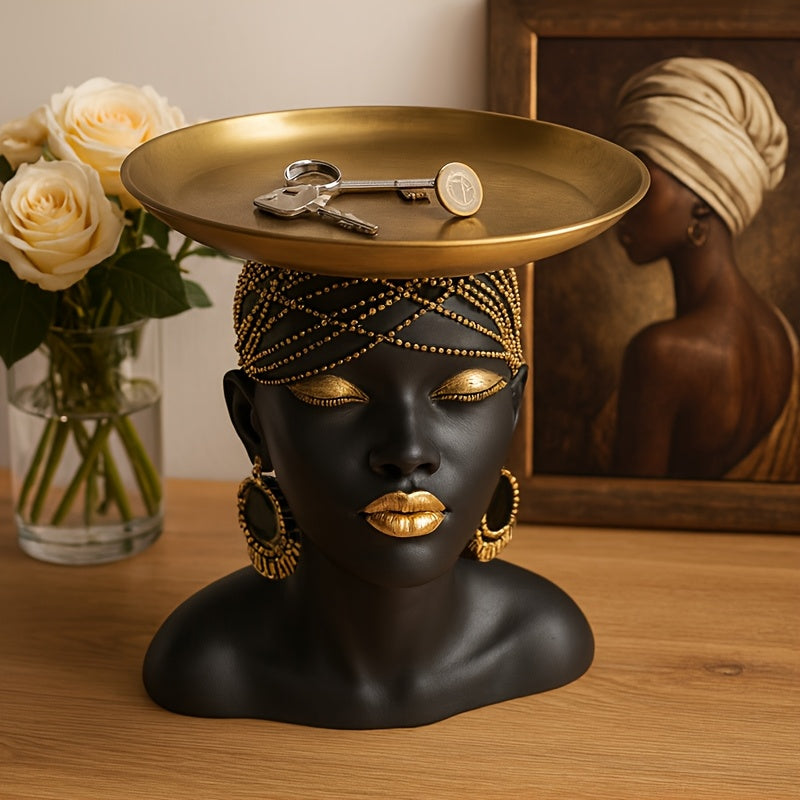 1pc Black & African-Inspired Resin Decorative Serving Tray - Glossy Painted Abstract Face Art Sculpture-Like Centerpiece, Elegant Home Decor, Tabletop Display for Parties, Weddings, Events - Durable Gift Bowl, Non-Food Contact