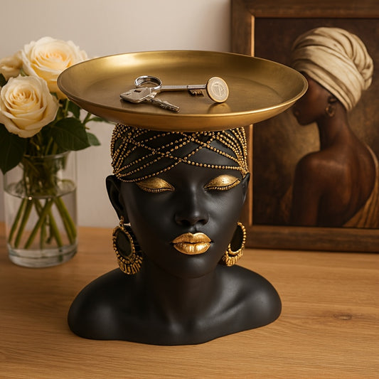 1pc Black & African-Inspired Resin Decorative Serving Tray - Glossy Painted Abstract Face Art Sculpture-Like Centerpiece, Elegant Home Decor, Tabletop Display for Parties, Weddings, Events - Durable Gift Bowl, Non-Food Contact