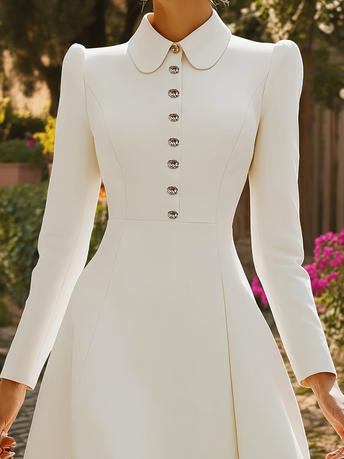 Elegant and Graceful Lapel Long-sleeved Heavy Decorative Button Puff Sleeve Mid-length DressLL168