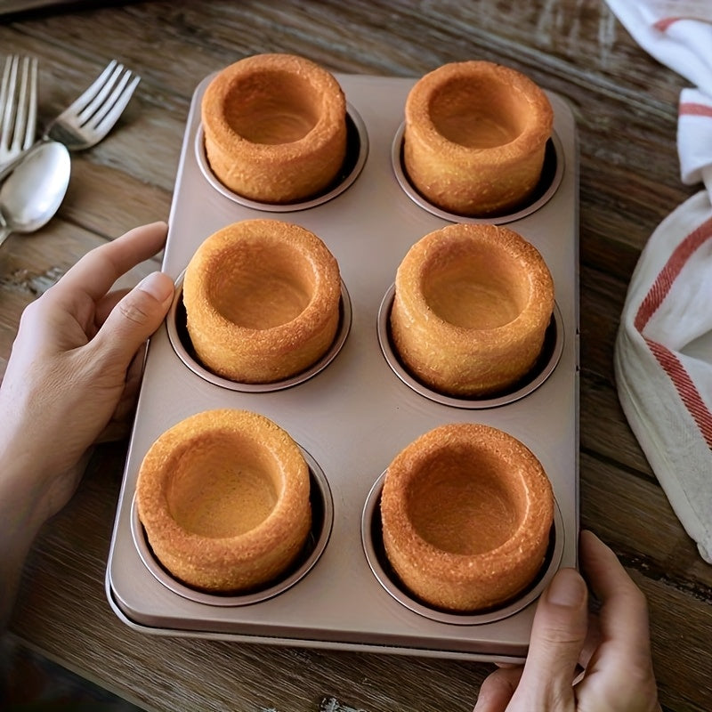 Golden Double-Sided Six-Cup Non-Stick Coating Convex Column Design Cake Mold, Quick Release Non-Stick, Smooth Rounded Edge Design, Stable Non-Slip Bottom, Suitable for Home, Party, Bakery Making Bread and Cakes, Essential Baking Supplies