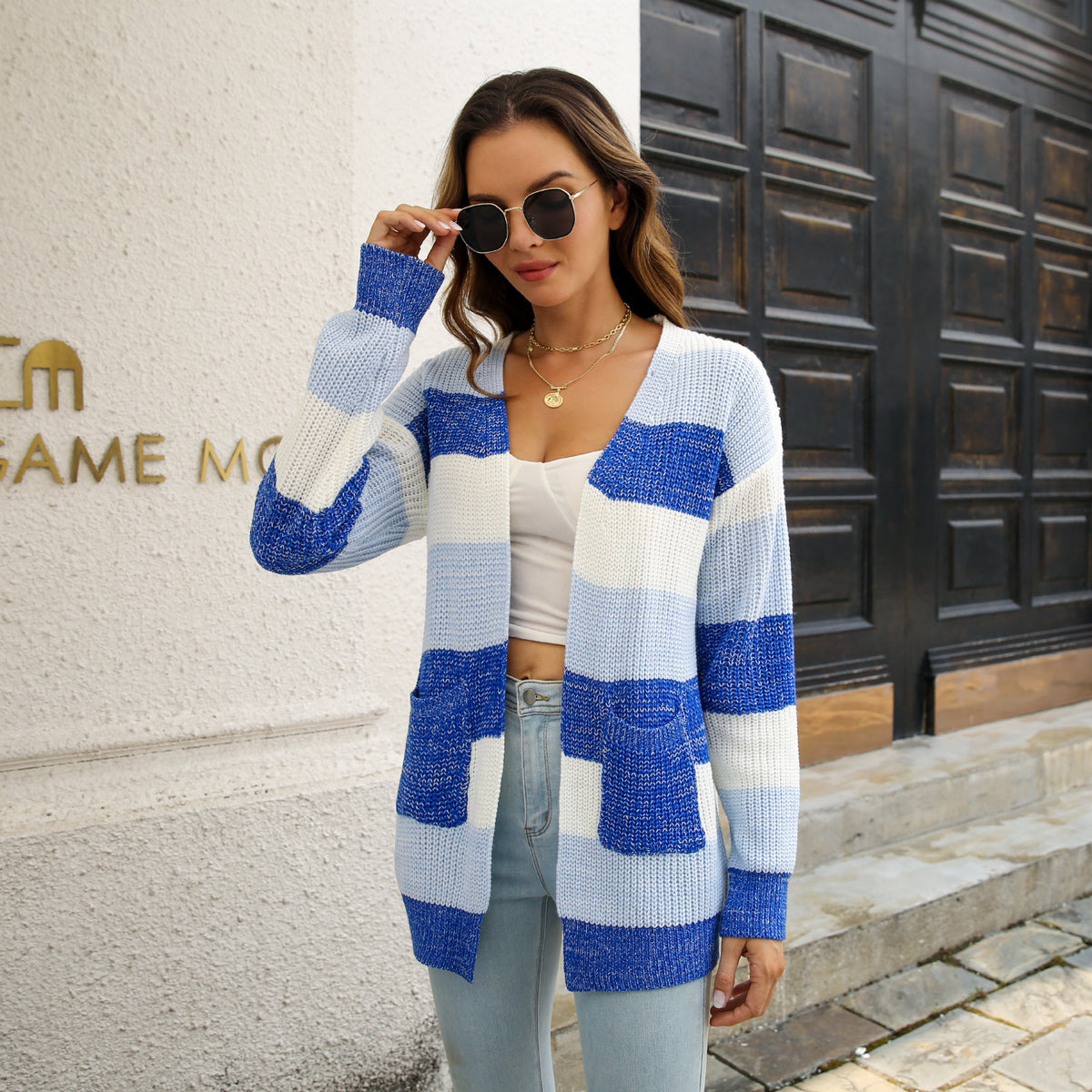 Cozy Striped Colorblock V-neck Cardigan - Super-soft Knit, Loose Fit, Dropped Shoulder - Trendy Womens Winter Wear for Casual Chic