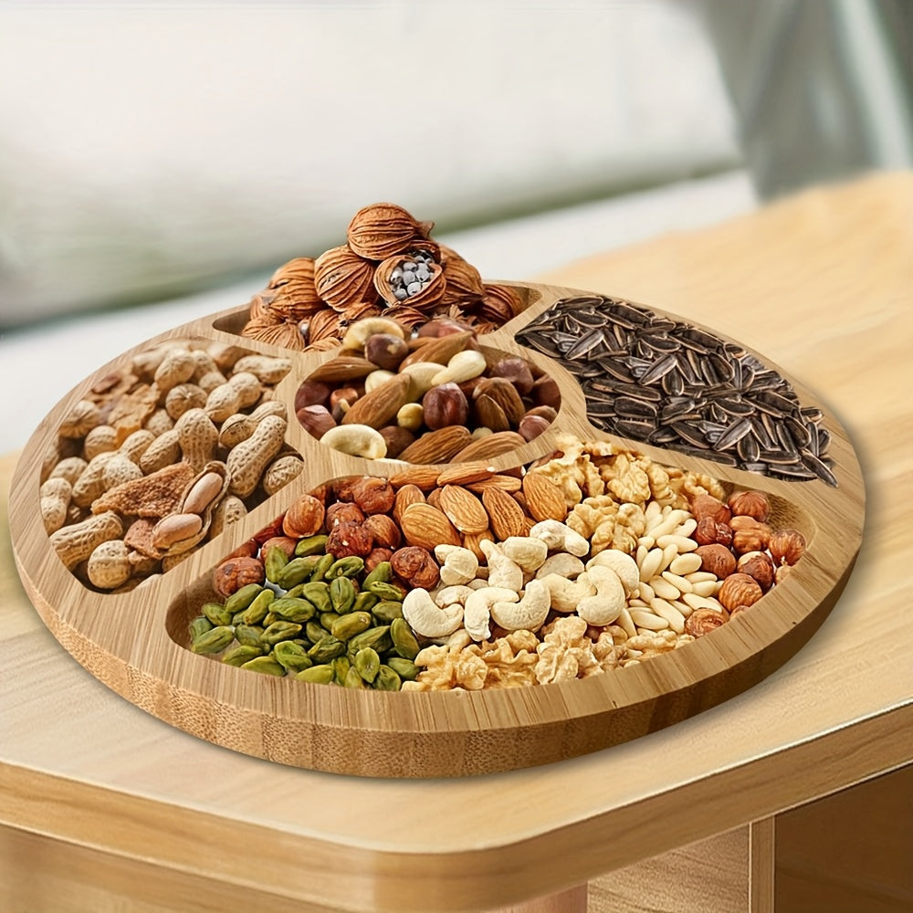 Bamboo Round Serving Tray with 5-Section Dividers - Reusable Snack Bowl for Nuts, Candy, Fruits - Wedding, Party, Holiday & Home Use - Multi-Compartment Dish Organizer (Dinner Table,)
