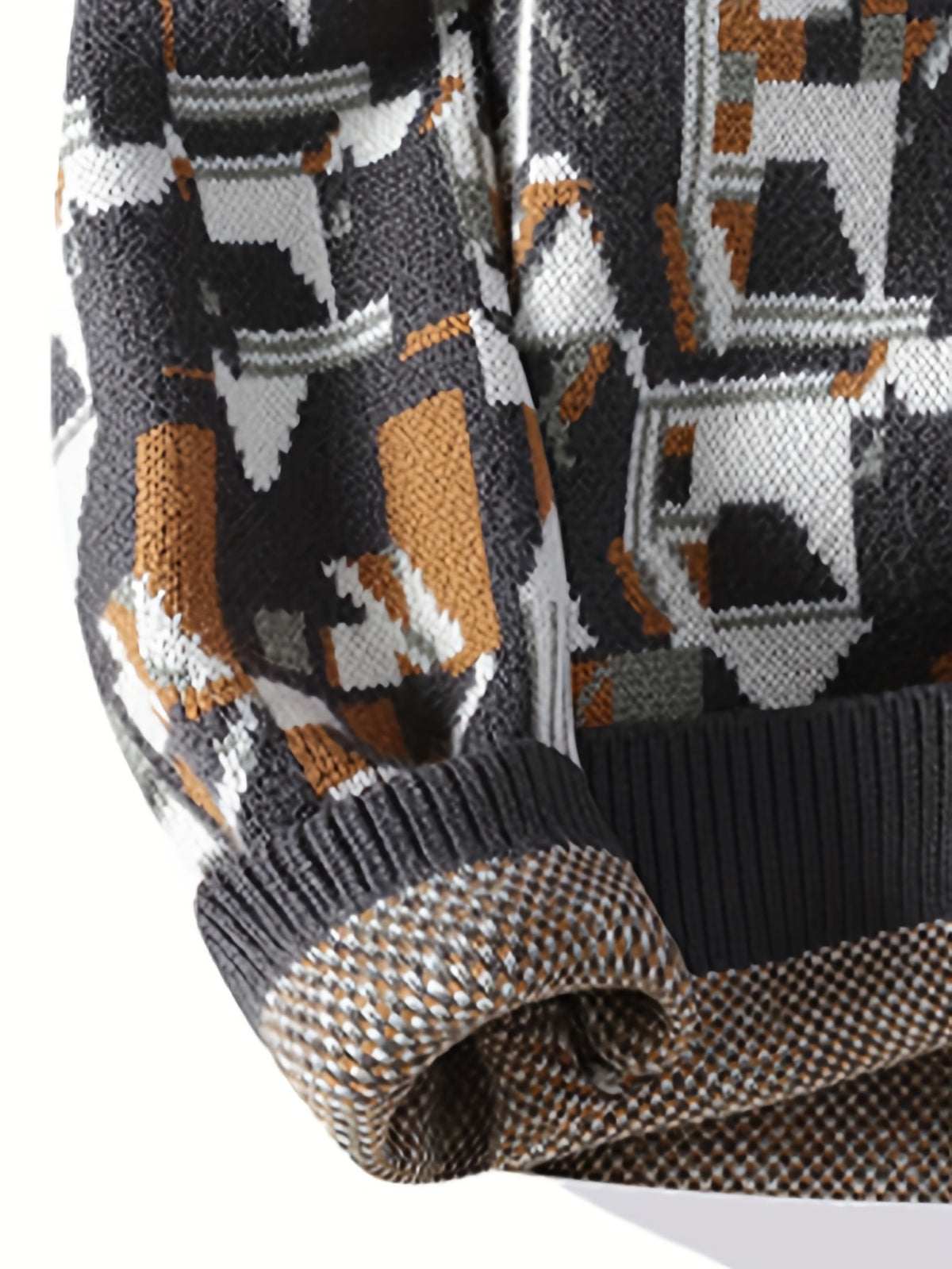 Men'S Cozy Geometric Cable Knit Sweater - Warm Crew Neck Pullover with Brown, White & Black Patterns, Long Sleeves, Perfect for Fall & Winter, Winter Clothing | Cable Knit Sweater | Knit Construction, Sweater Vest