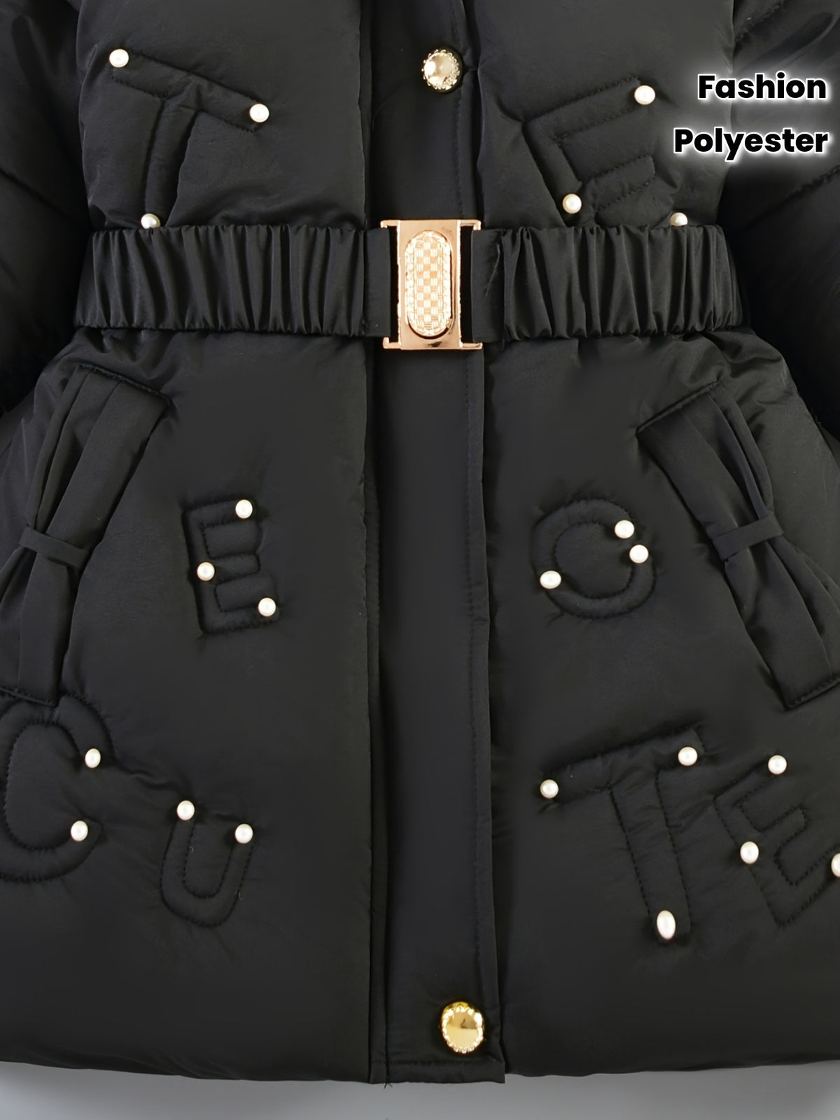 TIRSIUXA Girls' Winter Fashion Parka with Detachable Plush Hood, Adjustable Belt & Lettering - Cozy Polyester Jacket for Outdoor Play, Black, Girls Winter Clothes