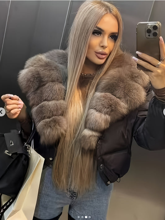 Winter Short Jacket with Oversized Collar - Luxurious -Like Collar Coat, Short Length & Loose Fit, Machine Washable Solid Color Outerwear (No Belt) - Elegant Casual to Formal Wear for Parties, & Everyday - 2025