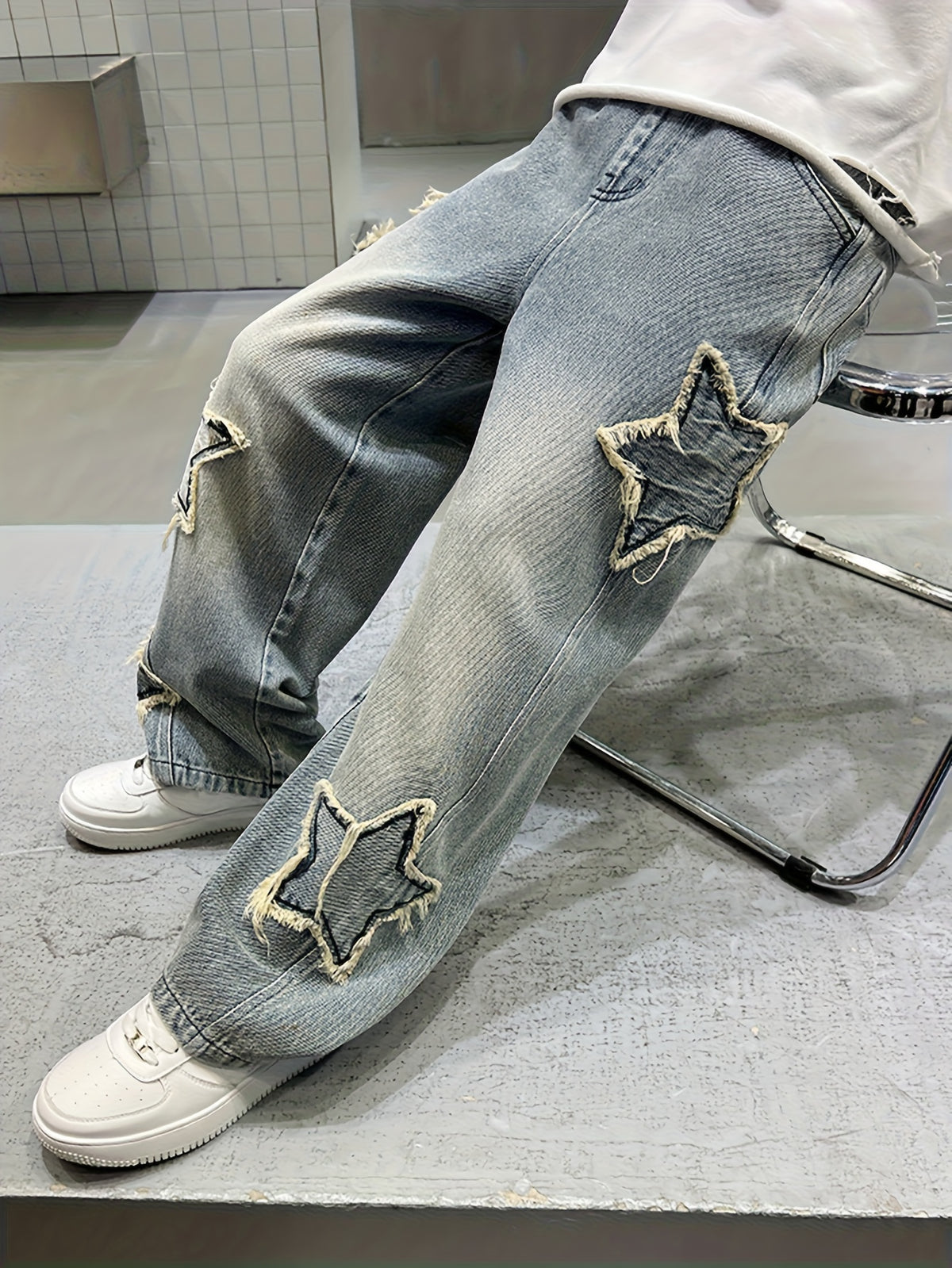 Boys' Star Embroidered Wide-Leg Faux Denim - Casual Loose Fit Long Pants, Non-Stretch Fabric, All-Season Versatile Faux Denim for Spring & Fall, Perfect for Casual Attire, Spring Fall Clothing, Star Embroidery Design, Comfortable Fit, for Outdoor, Pants
