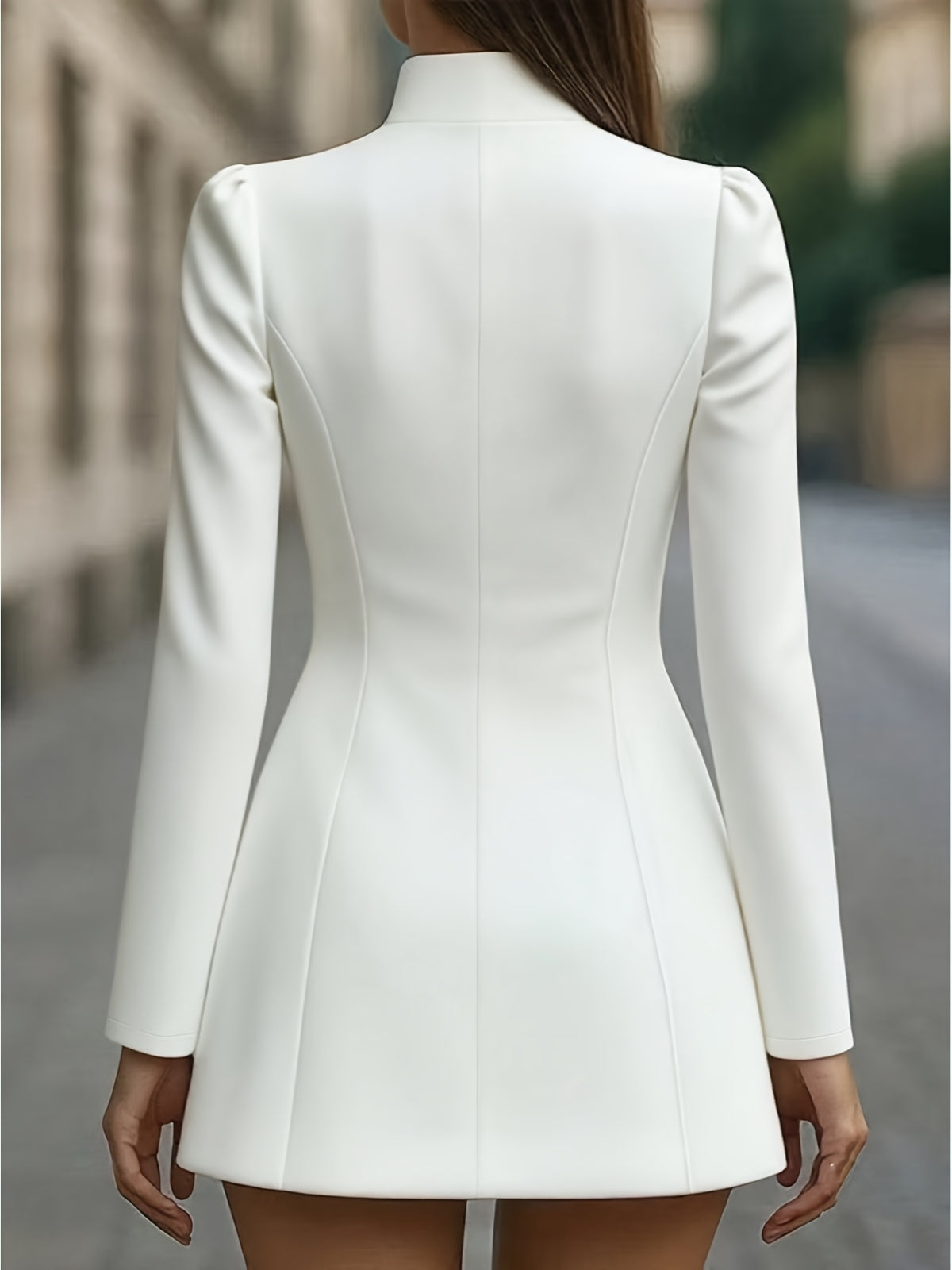 Women's Elegant White A-Line Dress with Short & Stand Collar - Fitted Long Sleeve Office to Party Dress, Machine Washable Tailored Suit for, Weddings, Formal Events - Spring/Autumn Professional Attire