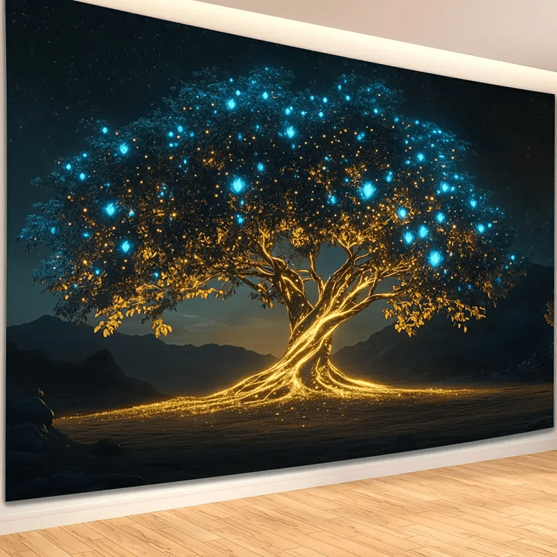 1pc Tree of Life Tapestry Wall Hanging - Glowing Night Sky Golden & Blue Magical Forest Design with Glowing, Horizontal Large Tree of Life Wall Art for Living Room, Bedroom, Indoor/Outdoor Decor - No Electricity Needed, Durable Polyester Fabric, Modern H