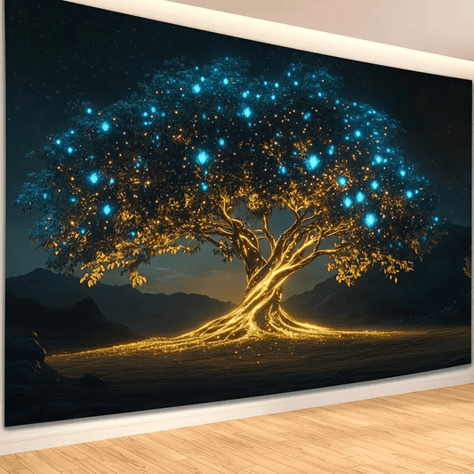 1pc Tree of Life Tapestry Wall Hanging - Glowing Night Sky Golden & Blue Magical Forest Design with Glowing, Horizontal Large Tree of Life Wall Art for Living Room, Bedroom, Indoor/Outdoor Decor - No Electricity Needed, Durable Polyester Fabric, Modern H