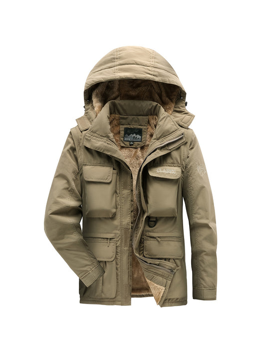 WarmthMax Cargo Jacket for Men - Fleece Lined, Removable Hood, Military Style, Water Resistant, Breathable, and Adjustable Fit for Outdoor Activities