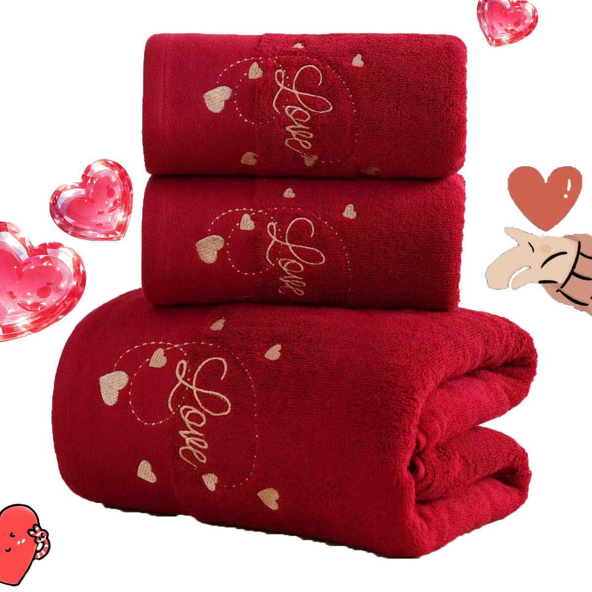 3pcs QIBHI Pure Cotton Embroidered Love Heart Towel Set, 100% Cotton Knit Fabric, 460 GSM, Romantic Couple Bath & Hand Towel Combo, Perfect for Valentine'S Day, Home Decor, Wedding Party Decor, Wash Cloths