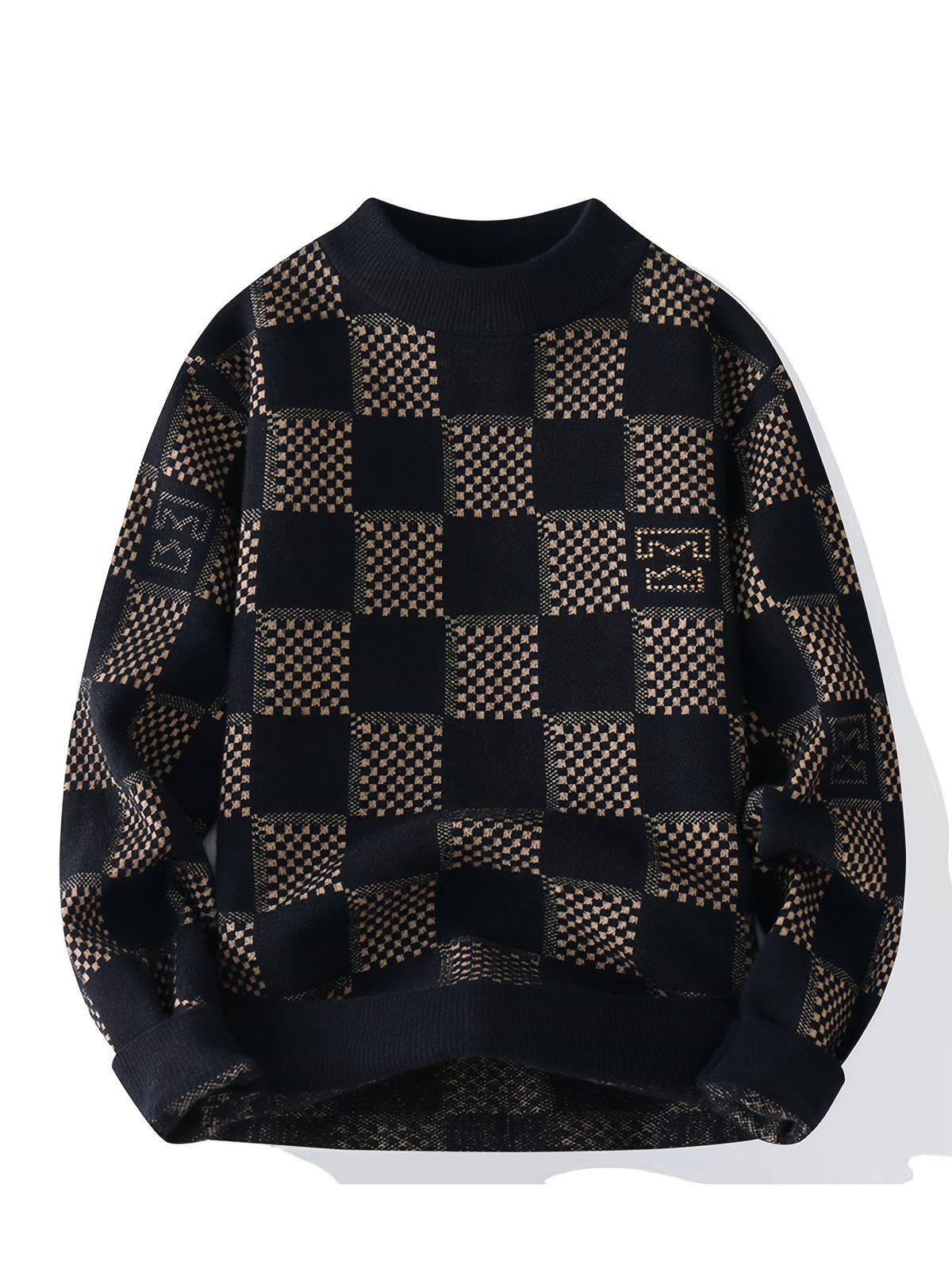 SENMEIGUO Men's Slim Fit Thermal Knit Sweater - Black & White Checkered Pattern, High Elasticity Round Neck Long Sleeve Pullover for Autumn Winter Casual Wear, Winter Sweater, Autumn Wardrobe, Modern Checkered, Comfortable Winterwear