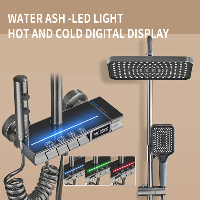 1 Set Luxury Modern LED Digital Display Bathroom Shower System, Piano Key Brass Valve Faucet Kit with Rainfall Head and Handheld Spray, Bathtub Nozzle, Stainless Steel Connectors, Outdoor Wall-Mounted Shower Combo, 4-Function Multi-Functional Bathro