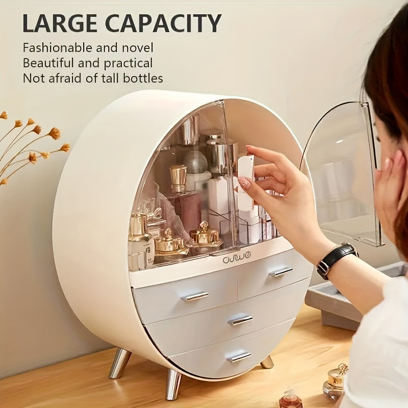 1pc Round Cosmetic Organizer With Drawers, Large Capacity Plastic Makeup Storage Box, Desk Vanity Case, Stylish & Space-Saving For Dresser And Bathroom