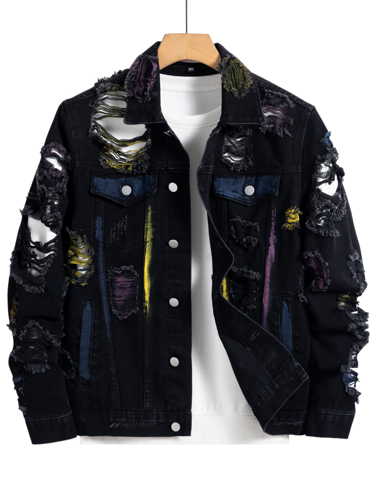 Men'S Streetwear Denim Jacket with Random Paint Splatter & Tear Detail - Black, Long Sleeve, Button-Up, Non-Stretch Fabric, Casual Style, Casual Outerwear | Streetwear Style | Nonstretch Fabric