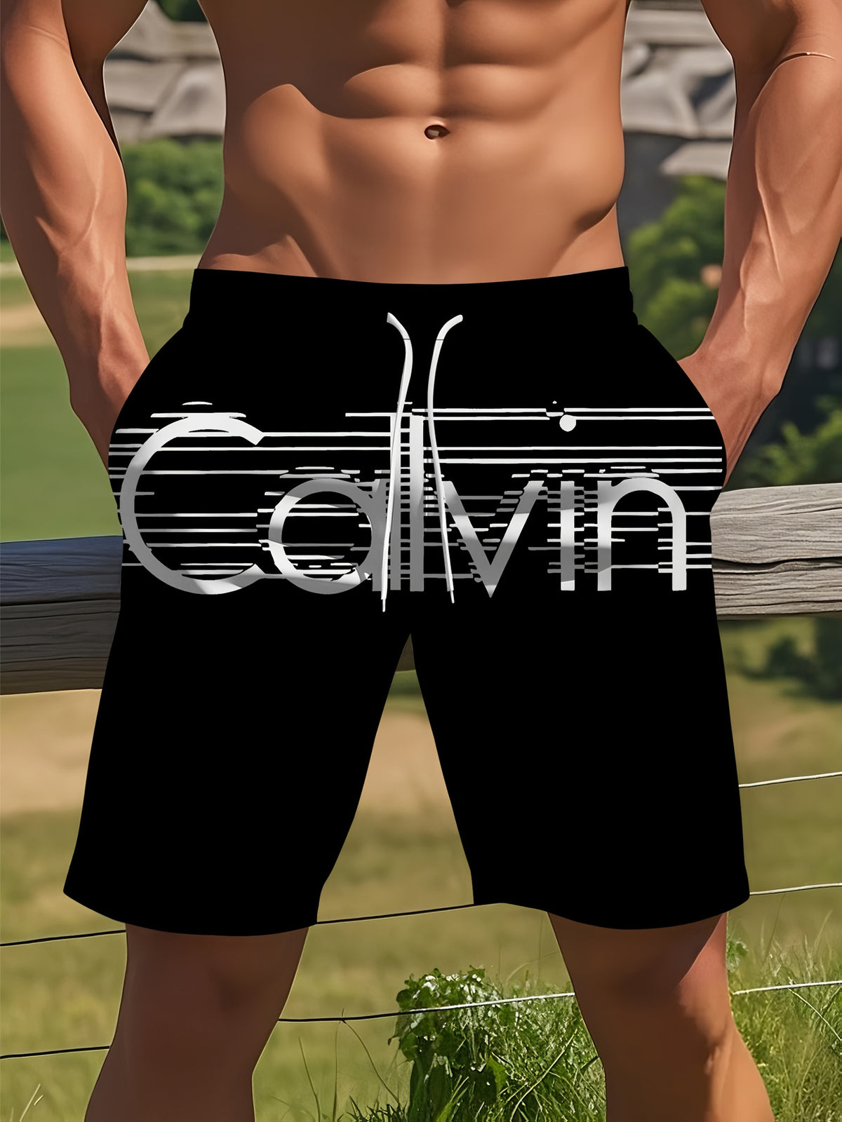 Fashionable Men'S Beach Shorts Featuring a 'CALVIN' Letter Print, These Casual Quick-Dry Swim Trunks Come with a Drawstring And Are Machine Washable. Made from Breathable Polyester, They Are Perfect for Summer Outdoor Activities, Beach Vacations