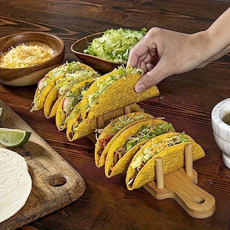 1pc GOXAWEE Wood Taco Holder, Bamboo Solid Wood Burrito Holder With Handle, Stand Up Holds 8 Soft Or Hard Shell Tacos, Kitchen Utensils, Bamboo Organizer Tray, Burrito Stand, Great For Tortillas, Home, Parties, Birthday And Restaurants
