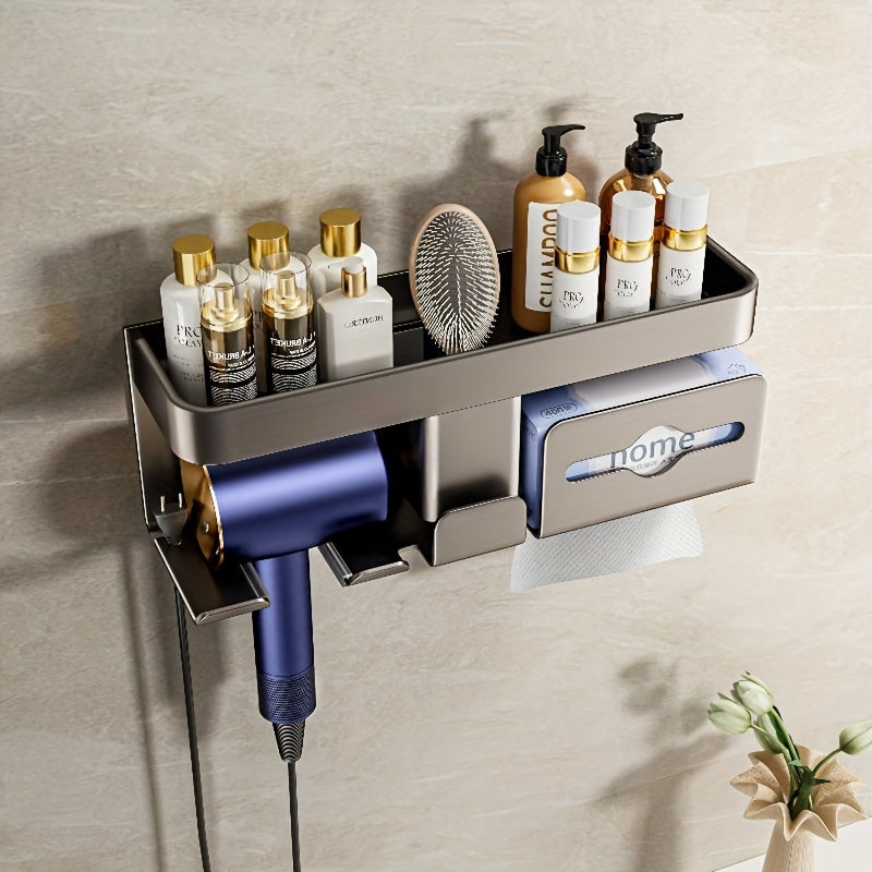 1pc Multifunctional Hair Dryer Holder, Wall Mounted Hair Dryer Storage Rack, Bathroom Hair Dryer Bracket, Hair Dryer Shelf Organizer, Bathroom Accessories, Bathroom Storage And Organization