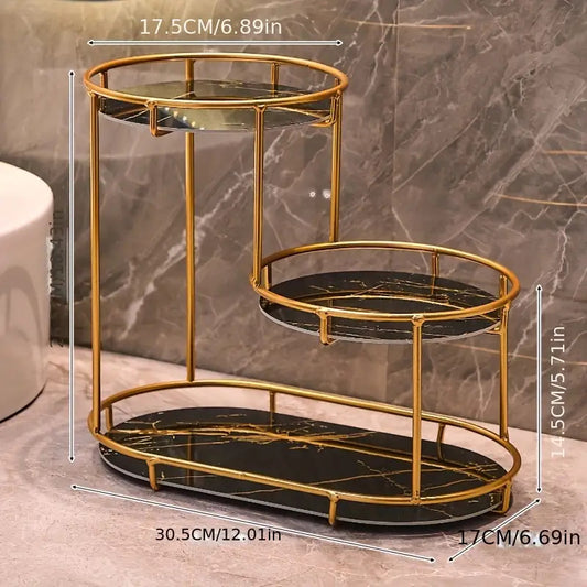 2-Tier Golden Bathroom Vanity Organizer Rack - Stainless Steel & Marble Layer, Usable in All 4 Seasons, Storage Shelf for Cosmetics & Toiletries, Sturdy & Universal for Various Room Types/ Suitable for 100 Countries, Bathroom Organizers And Storage, Toil