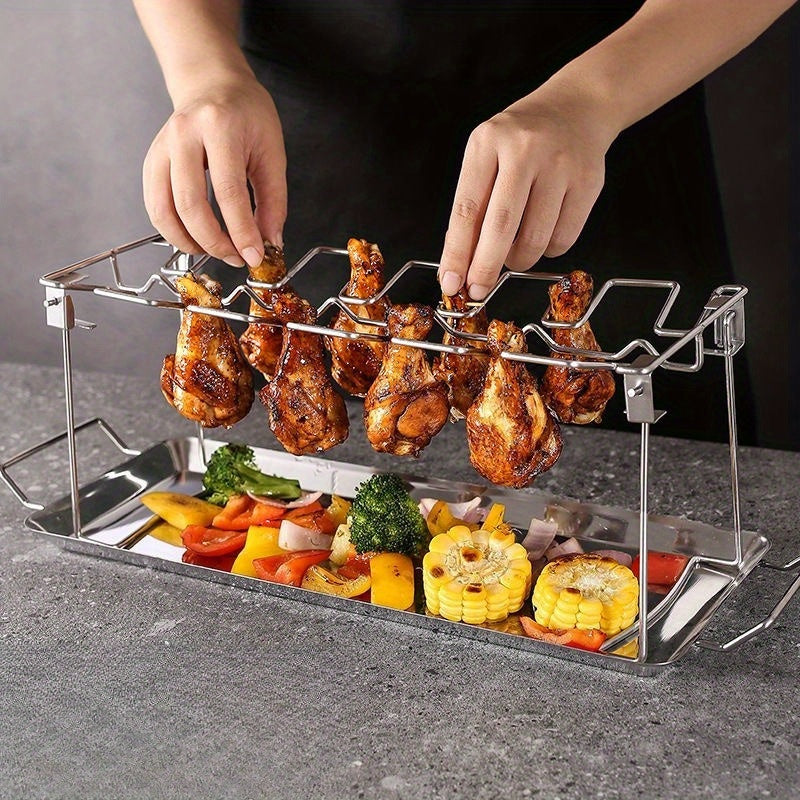 2pcs The Leg Rack with Slots Is Suitable for Grilling Chicken Legs And Wings, Made of High Grade Stainless Steel, Foldable, Equipped with a Removable Draining Tray That Can Be Cleaned in The Dishwasher; It Is Ideal for Use in Ovens, Grilling Racks, C, Ki