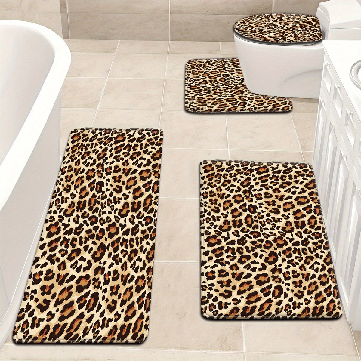 2pcs/3pcs Simple Brown Leopard Pattern Bathroom Mat Set, Strong Absorbency, Includes U-Shaped Toilet Mat Suitable for Kitchen Bathroom Decor Bathroom Door Mat, Bathroom Rug Mat, Bedroom Rug, Floor Mat Outdoor Entrance, Kitchen Area Rug, Carpet Laundry Ro