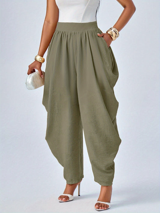Women's Casual Elastic Waistband Slightly Flared Elegant Pocket Long Pants for Outings