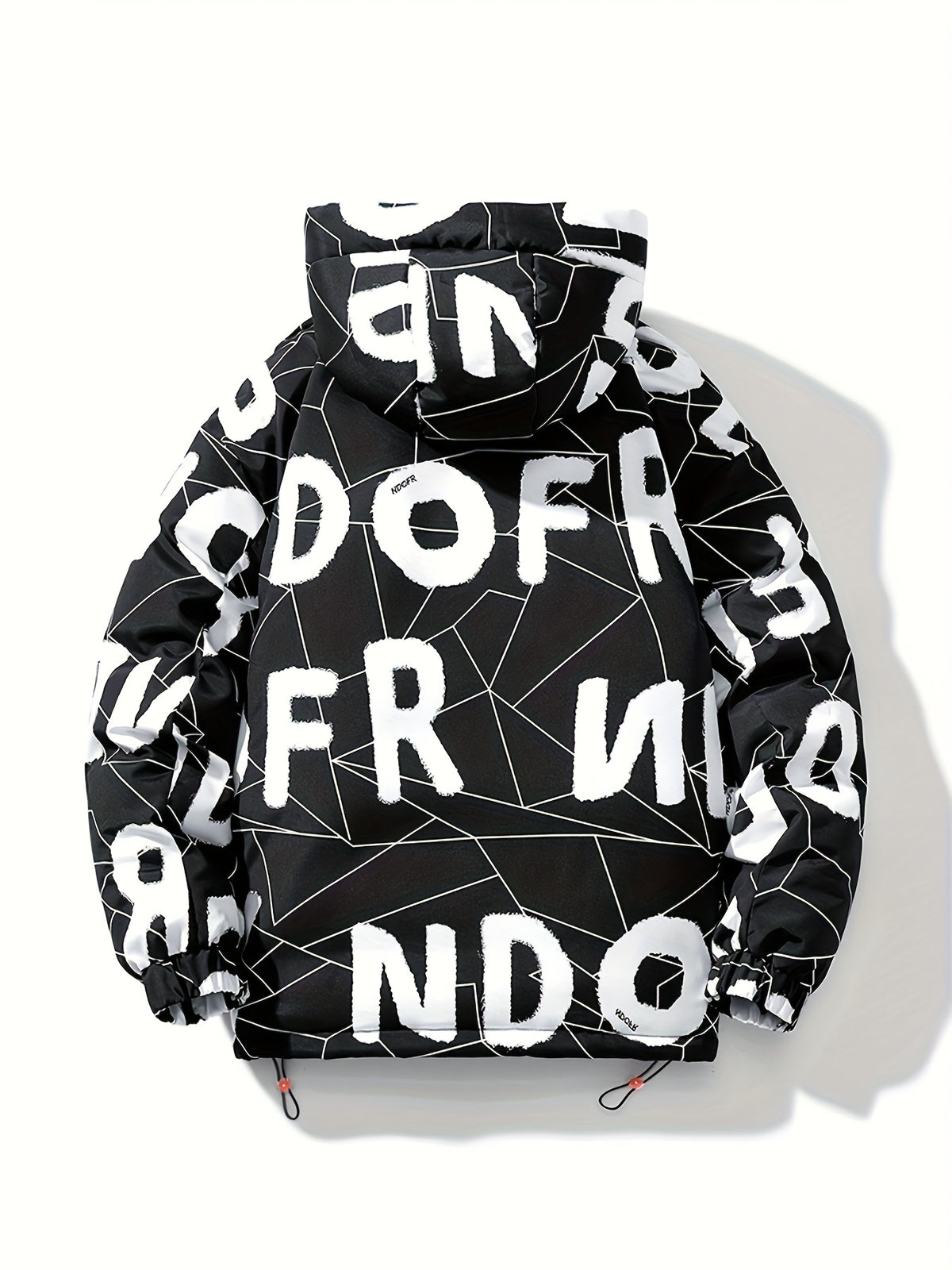 Men'S Heavyweight Hooded Jacket - Black with White Letter Pattern, Full-Zip Front Closure, Loose Fit Winter Coat for Cold Weather, Urban Streetwear Outerwear, Winter Jacket, Casual Outerwear, Durable Fabric, Long Sleeve Coat, Streetwear Lovers