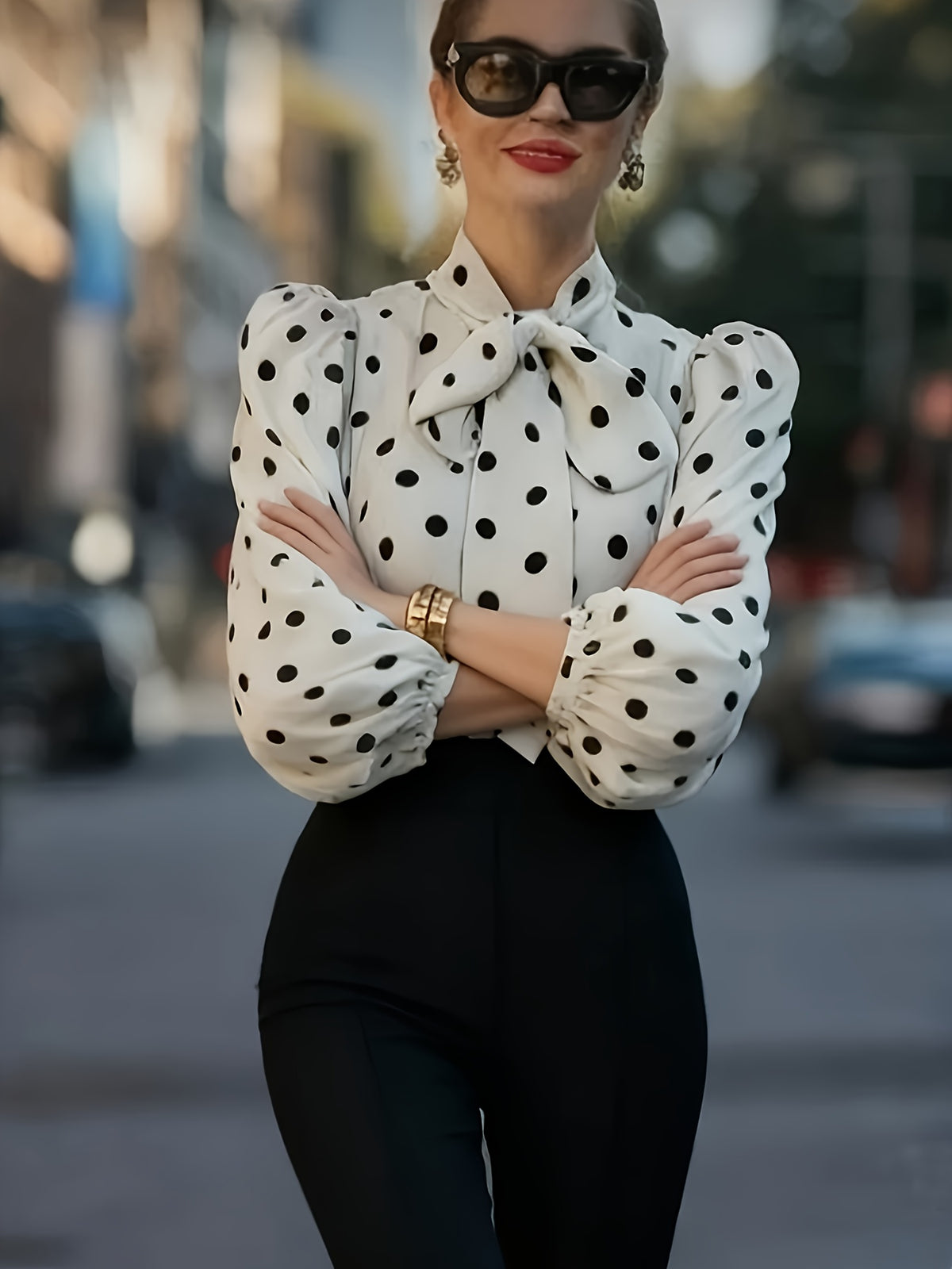 White Polka Dot Shirt with Bow Tie, Tie-Up Blouse, Puff Sleeve Top, Vintage Polka Dot Chiffon Blouse, French-Style Vintage Shirt, Sweet Commuter Top, Gentle Date-Wear Shirt, Hepburn-Style Vintage Top, Socialite-Style Shirt, Large Bow Collar Shirt