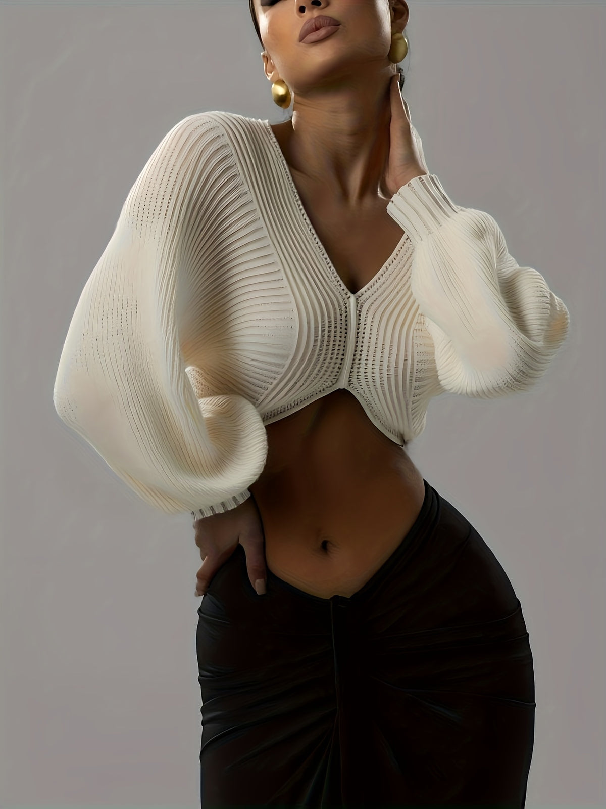 Women's White V-Neck Cable- Sweater - Short Length Cropped Top with Long Sleeves, Soft Stretchy Pullover for Layering, Casual Winter Blouses (Machine Washable) - All-Season Sweater Vest