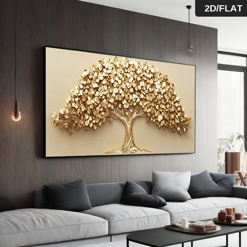 1pc Extra Large Modern Abstract Golden Tree of Life Wall Art - Large Beige & Golden Canvas Painting for Living Room, Bedroom, Office Decor - Minimalist Large Wall Decor, Housewarming Gift, Symbolic Prosperity Tree with Golden Leaves - Easy Hanging Instal