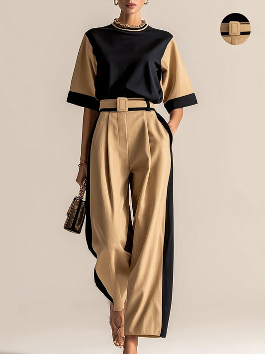 Elegant Vintage-style Contrast Color Short Sleeve T-Shirt and Wide-Leg Pants Set