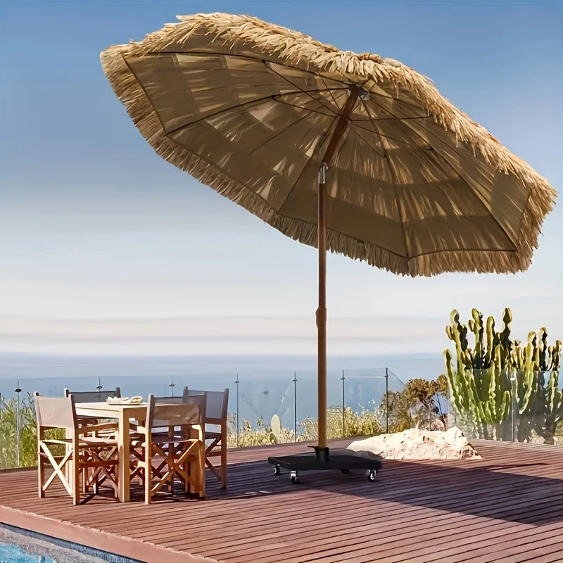 1pc Modern Straw Umbrella - Beige Round Beach Umbrella with Sturdy Black Frame, Durable Polyester Fabric for Outdoor Camping, Poolside & Travel - Portable Sun Shade for Patio, Garden, Poolside (No Base Included), Beach Umbrella Heavy Duty Windproof, Pati