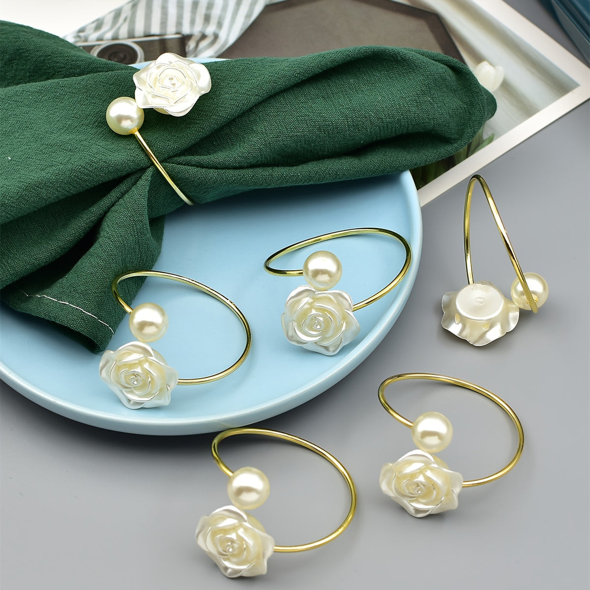 12/6/4/2pcs Pearl Napkin Rings - Floral Design with White Pearls & Golden-Tone Finish, Elegant Table Decor for Thanksgiving, Weddings, Banquets - Durable Plastic Kitchen & Dining Accessories, Wedding Table Decor | Pearl Embellishment | Brushed Metal Fini