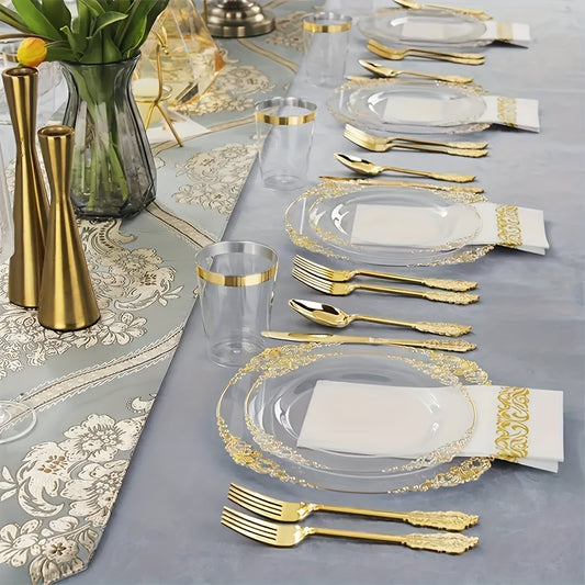 70pcs Disposable Clear Plastic Cutlery Set, Court Style Golden Trim Party Plates for 10 Guests, Includes Plates, Snack Plates, 10Oz Cups, Cutlery, And Napkins, Perfect for Parties, Gatherings, And Weddings