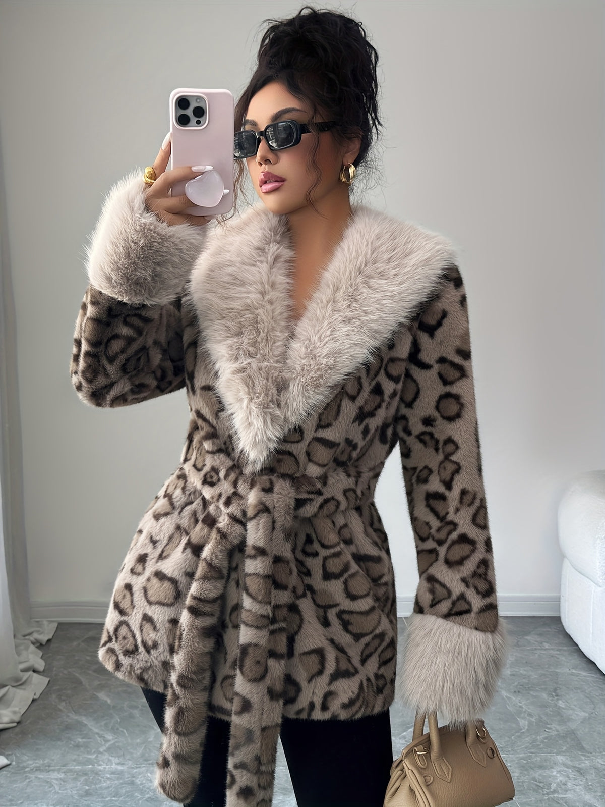 Women'S Elegant Leopard Print Faux Fur Coat - Warm Winter Jacket with Pockets, Adjustable Waist Tie, Casual Chic Outerwear for Fall & Winter, Cozy Faux Fur Jacket, Winter Coat For Women, Winter Jacket For Women, Winter Coat Women