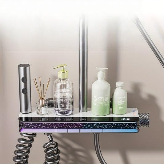 Luxurious Gunmetal Gray Shower System with Digital Display - Modern Piano Key Design, LED Lighting, Wall-Mounted Aluminum Fixture Set, Includes 30.48cm Rainfall Head & Handheld Spray
