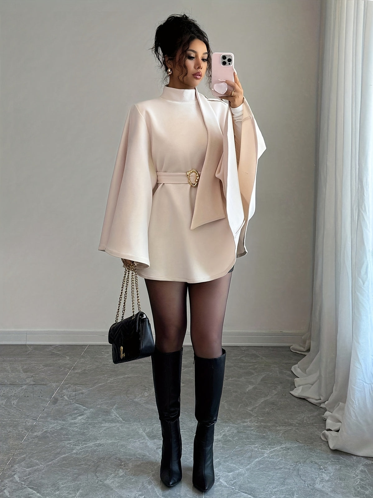 Elegant And Fashionable New Adult Women'S Solid Color Warm Stand-Up Collar Loose Batwing Sleeve Long-Sleeved Belted Waist Women'S Coat