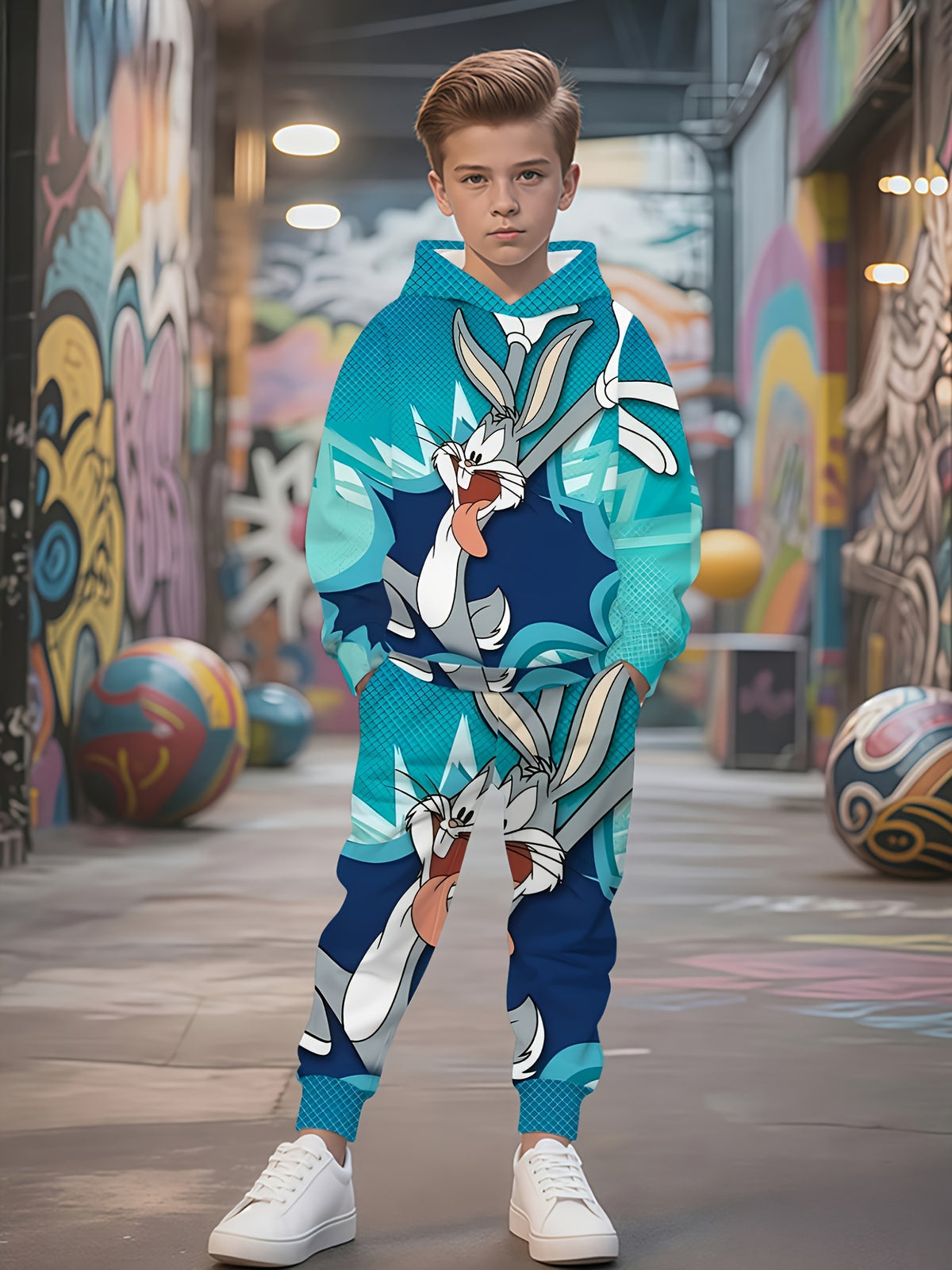 Looney Tunes Bugs Bunny 3D Print Casual Hoodie & Sweatpants Set, Perfect for Outdoor Activities, Perfect for Outdoor